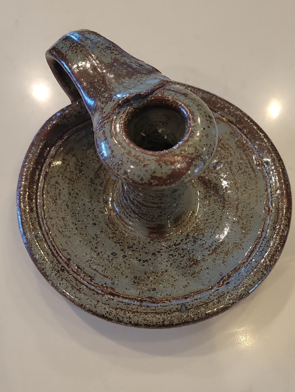 Vintage Hamdmade Speckled Sage Green Ceramic Chamberstick Candle Holder
